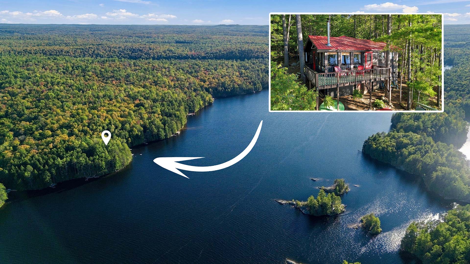 red roof cottage lakefront aerial